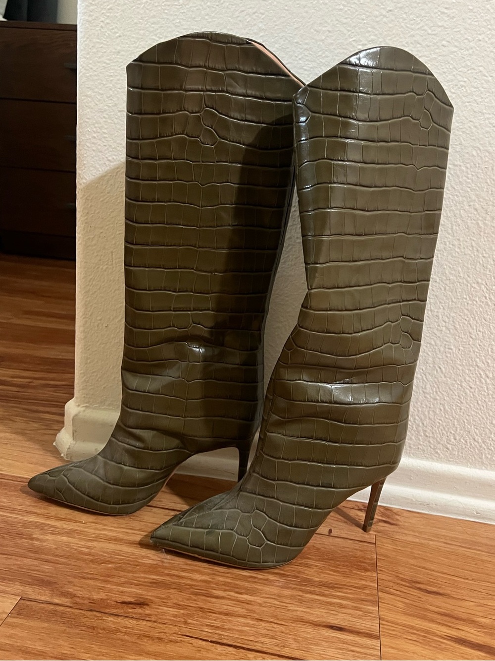 Schutz Croc-Embossed Knee-High Boots | olive green